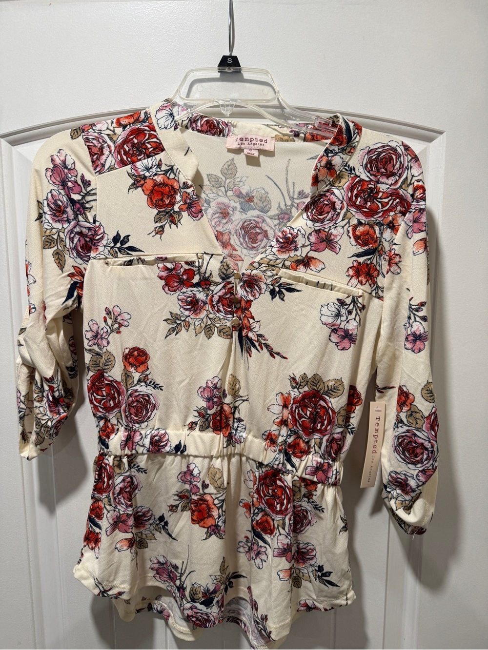 Tempted Cream Floral Peplum 3/4 sleeve Blouse S